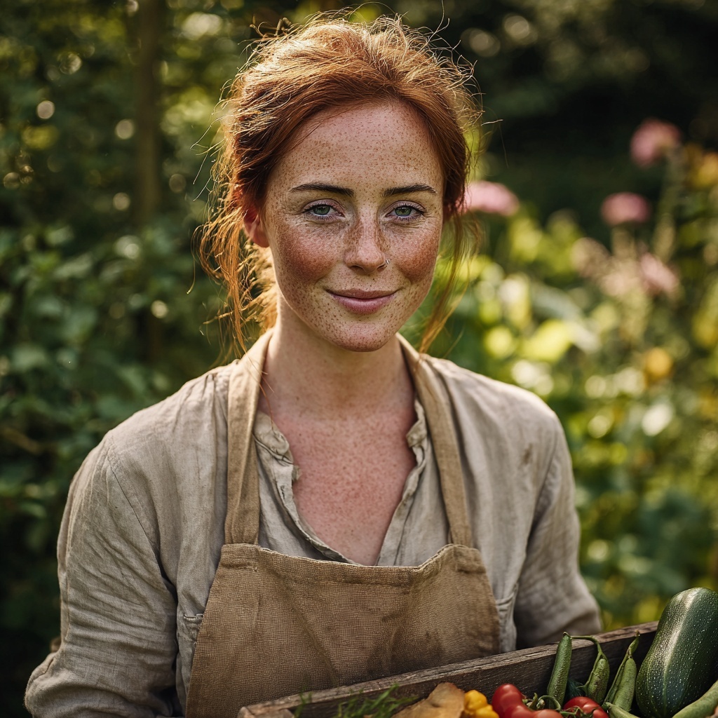 Freya with a harvest of courgettes and tomatoes